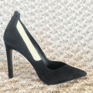 Black sueded pumps with ivory snakeskin detail